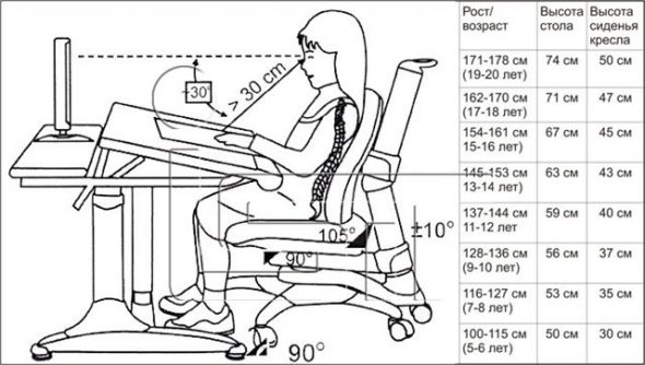 Подбор высоты стола и стула 
