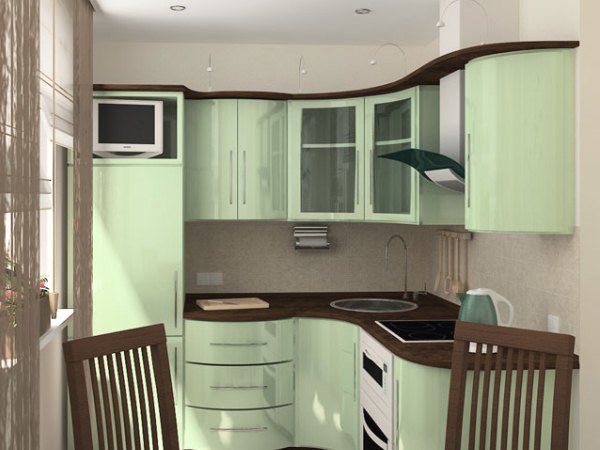 зелёный угловой кухонный гарнитур на маленькой кухне