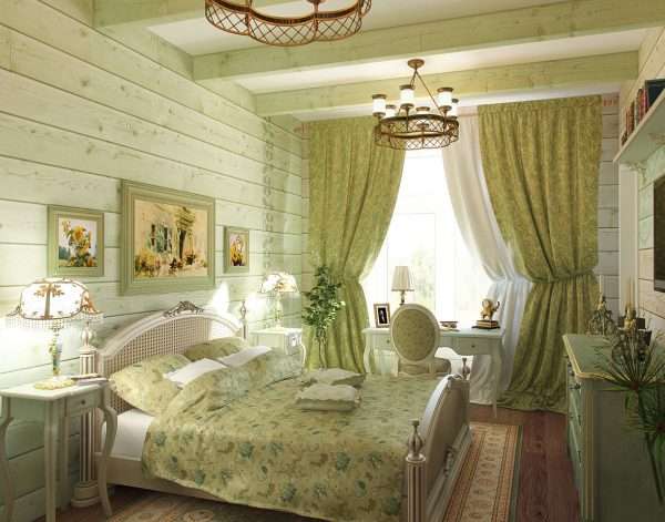 Светло оливковый цвет в интерьере спальни в стиле прованс