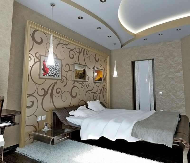 Спальня и двухуровневый потолок с подсветкой, фото