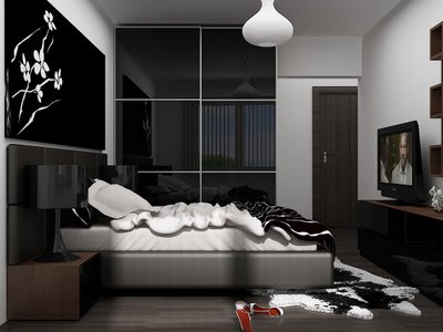 Чёрная глянцевая мебель для интерьера спальни