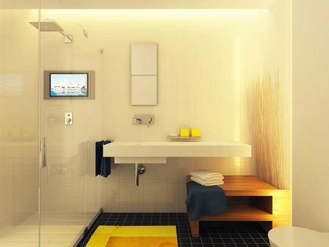Фото современного интерьера ванной комнаты со стеклянной стеной от душа в комнату, здесь всегда светло