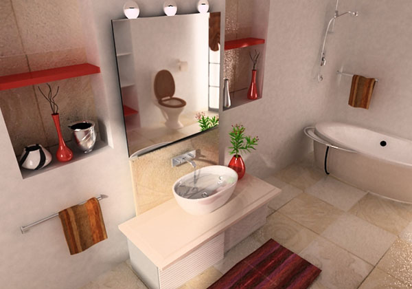 Светлый интерьер ванной комнаты с красными акцентами
