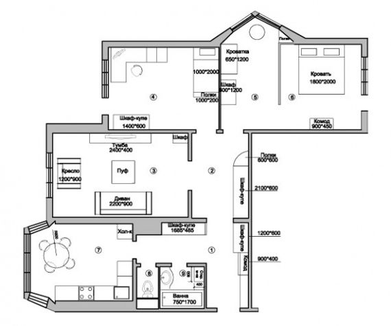План 3х комнатной квартиры серия П 44 Т