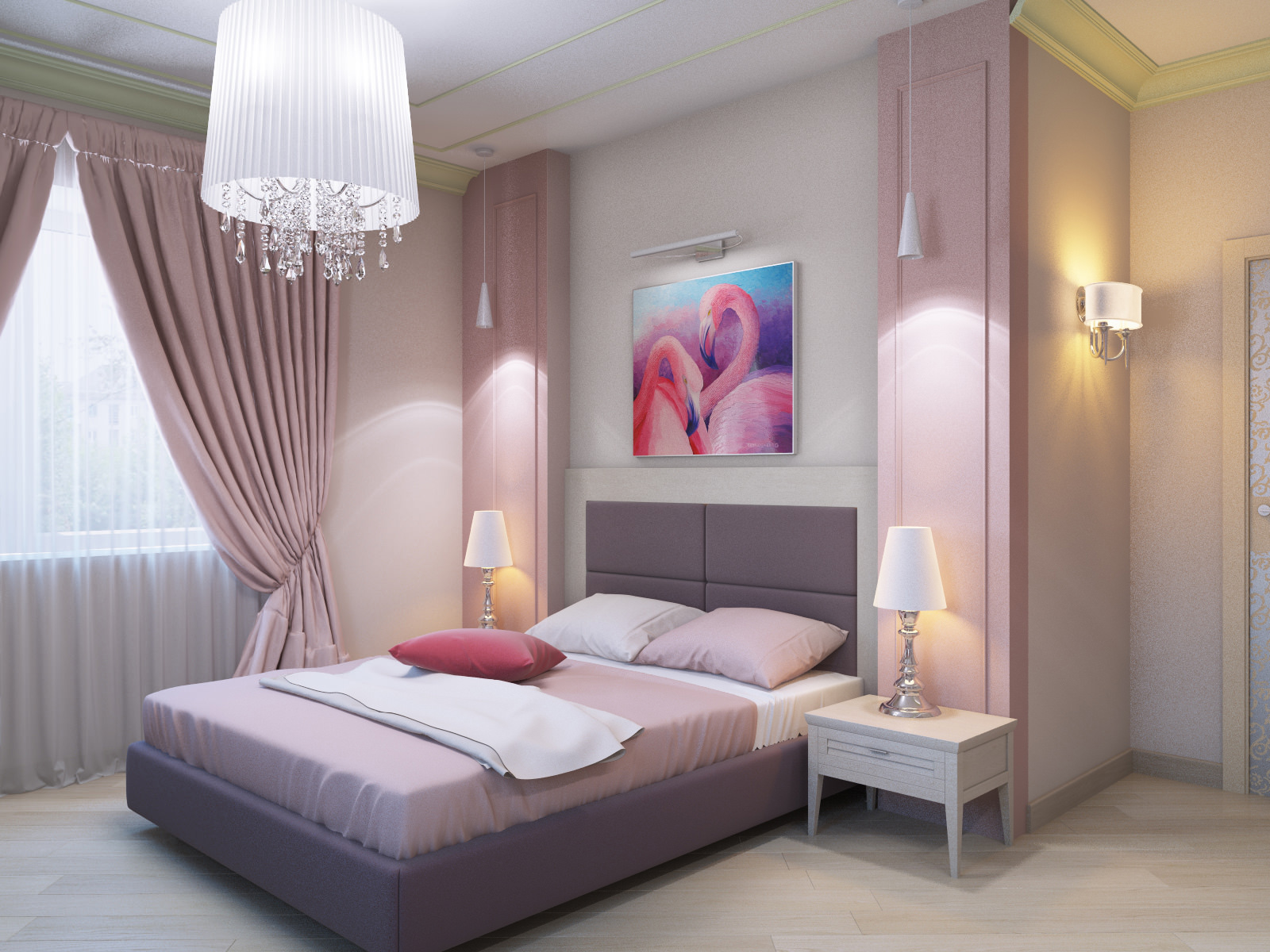 дизайн спальни в розовых тонах с картиной над кроватью