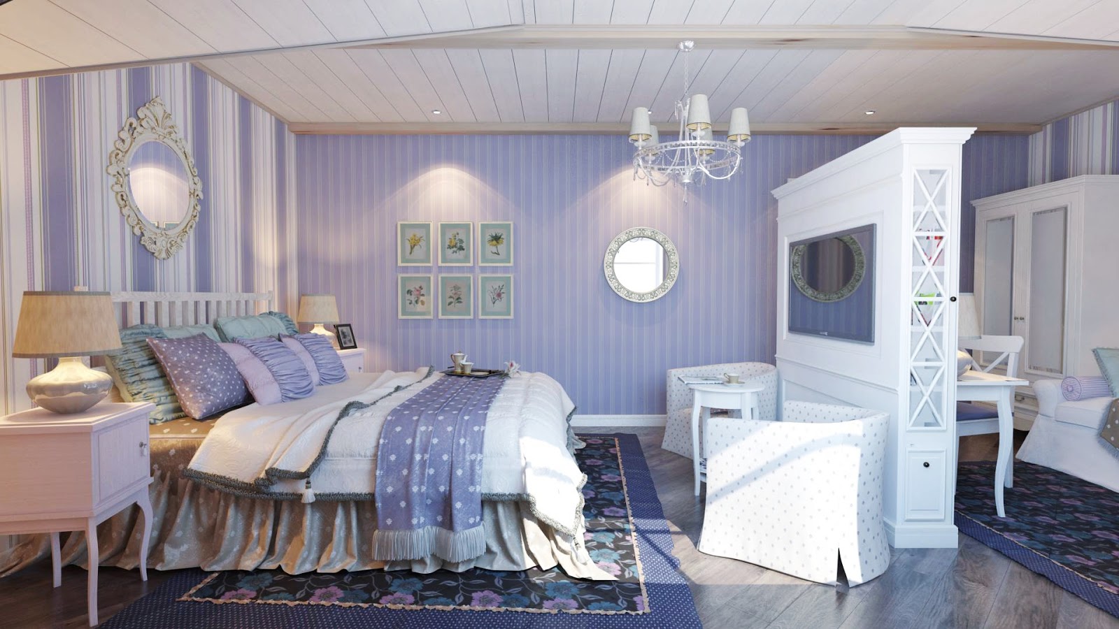 кровать прованс в итерьере бело-голубой спальни