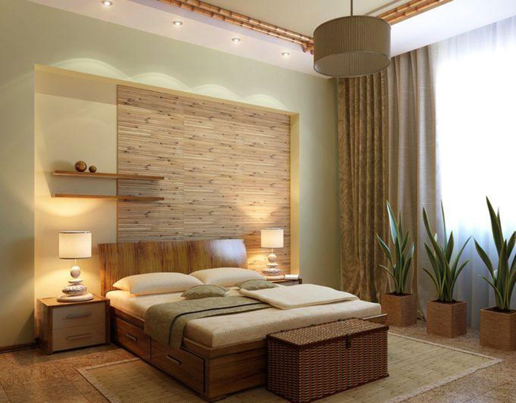 спальня экостиль с деревянной мебелью и цветами
