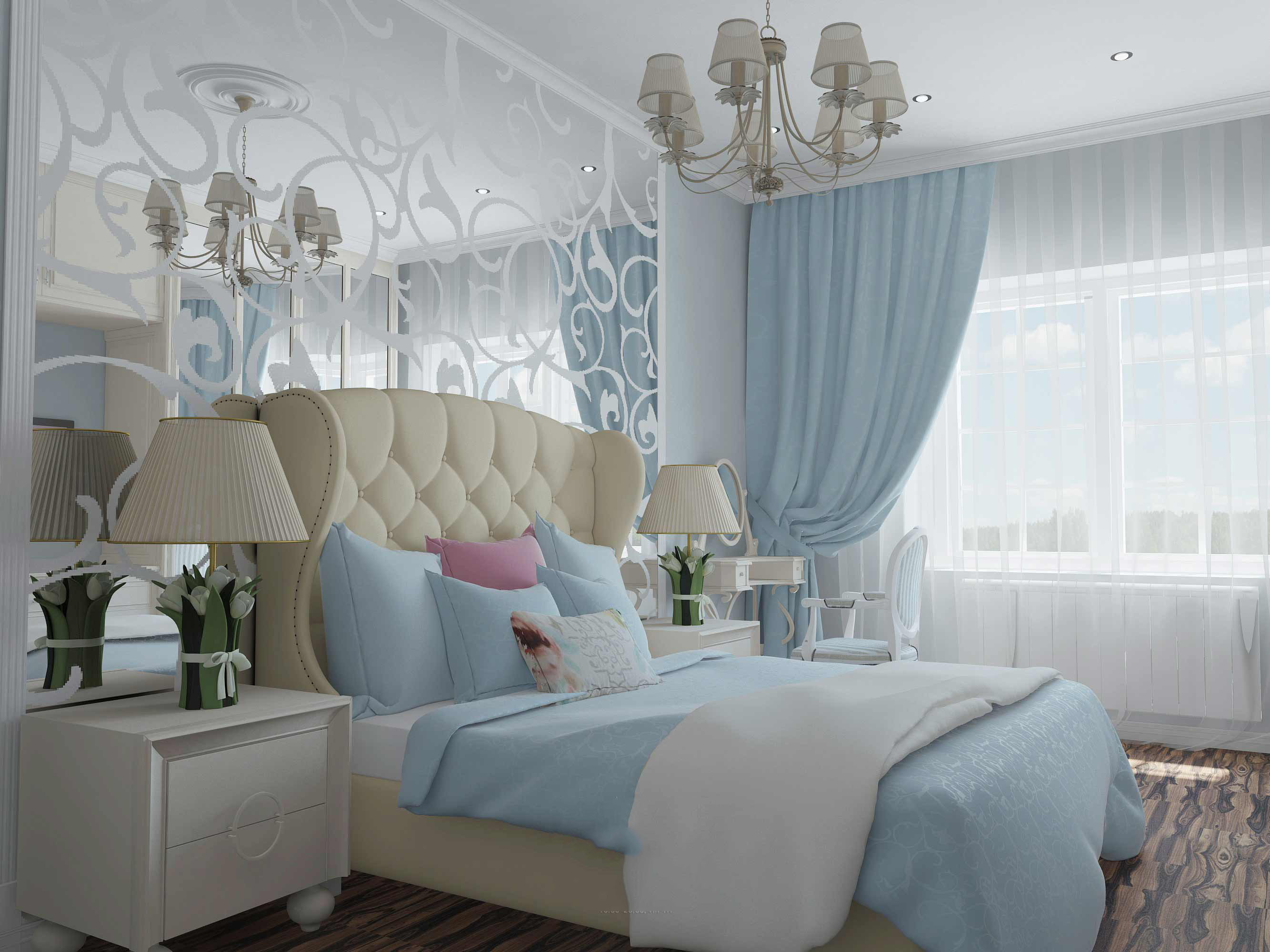 спальня в нежных тонах с кроватью с высоким изголовьем и голубыми занавесками