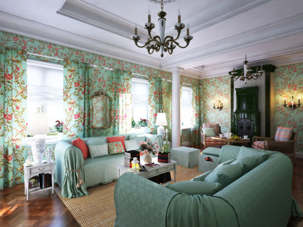Гостиная в стиле прованс в зеленых оттенках