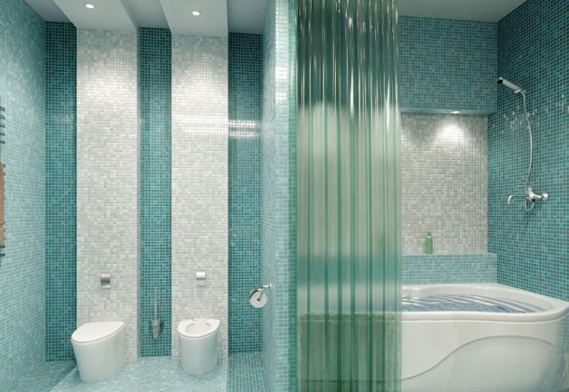 Отделка ванной комнаты мозаикой бирюзового и белого цветов