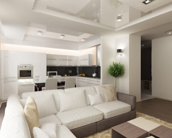 Дизайн потолка в кухне, совмещенной с гостиной
