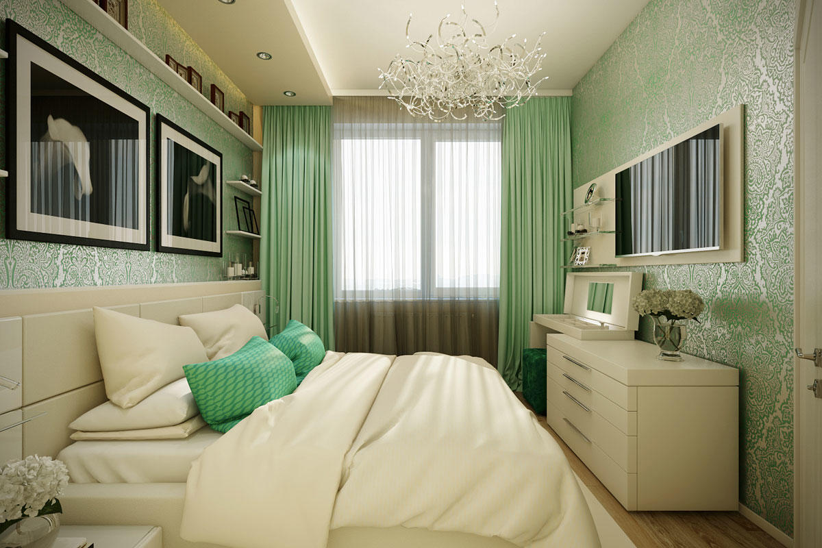 В маленькой спальне лучше всего повесить телевизор на стене напротив кровати 