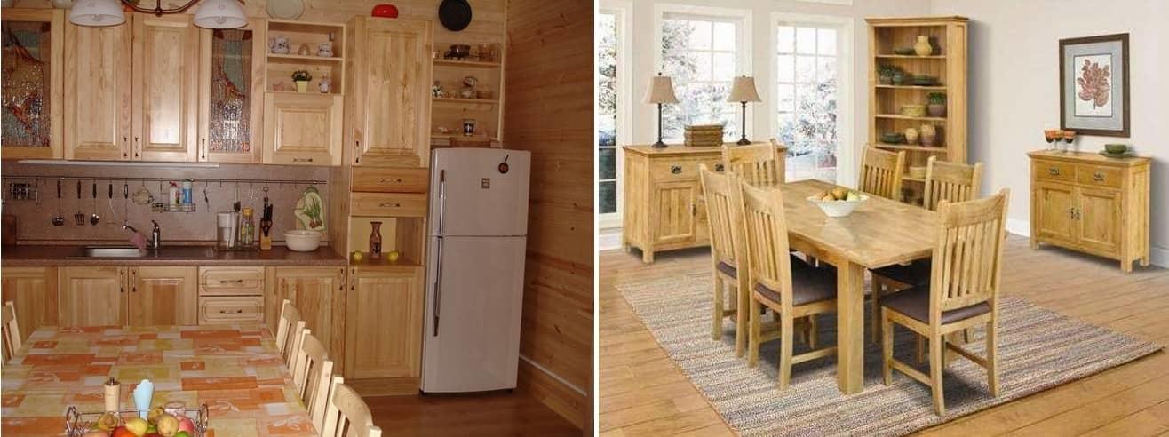 Выбирать мебель для кухни, сделанной из массива сосны, желательно такой же цветовой гаммы как и ваша кухня, чтобы получилось идеальное сочетание