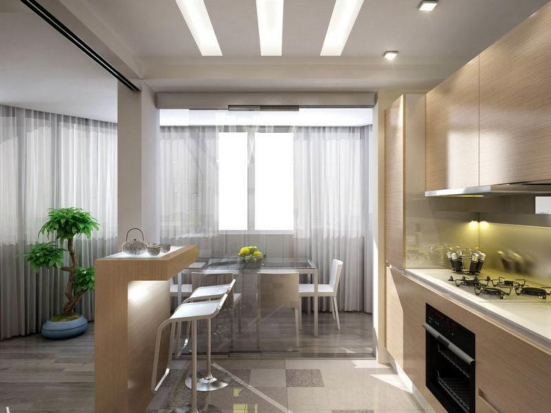 Барная стойка, напольные покрытия и колонны способствуют в зонировании кухни-столовой, совмещенной с гостиной