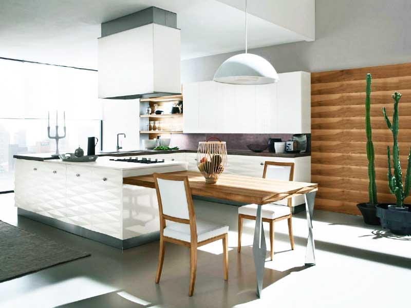 Если ваша кухня модерн белого цвета, рекомендуем использовать для стола и полок древесину светлых пород