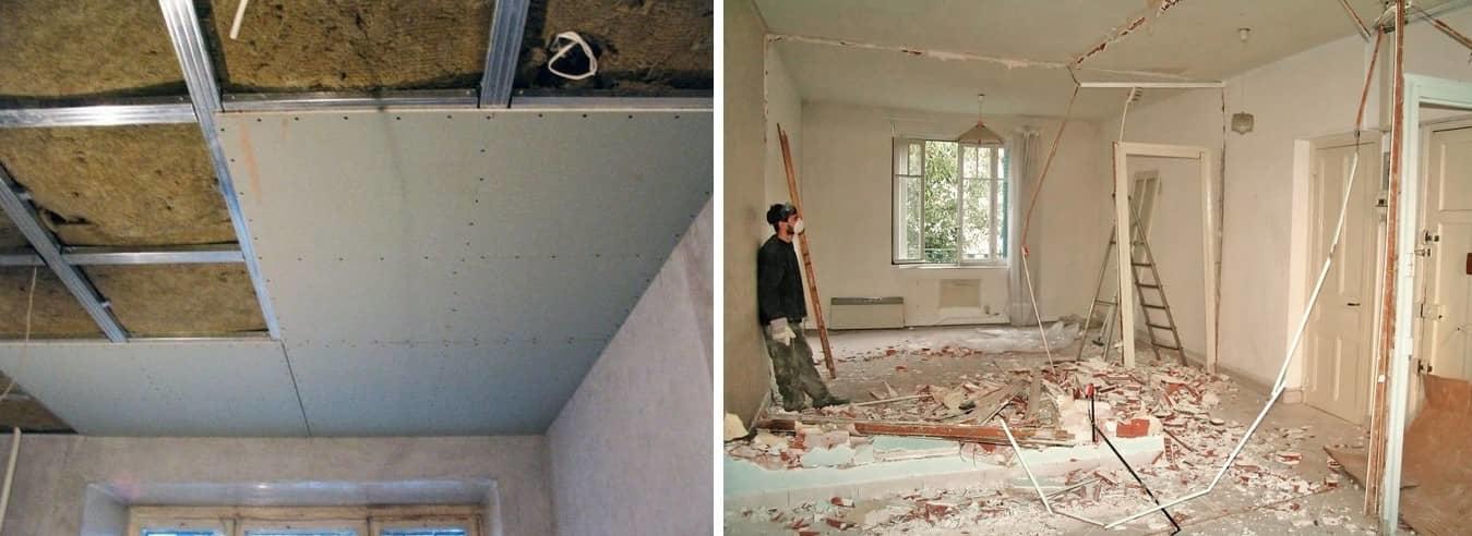 Демонтировать старый гипсокартонный потолок довольно просто и быстро, сделать это можно самостоятельно