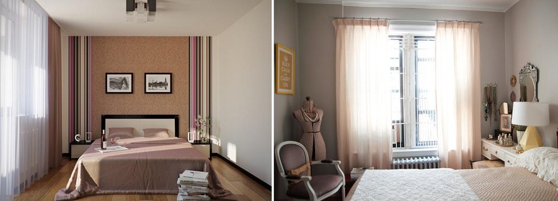 Обои с горизонтальными рисунками и преобладание светлых оттенков — одни из основных принципов оформления современной спальни 