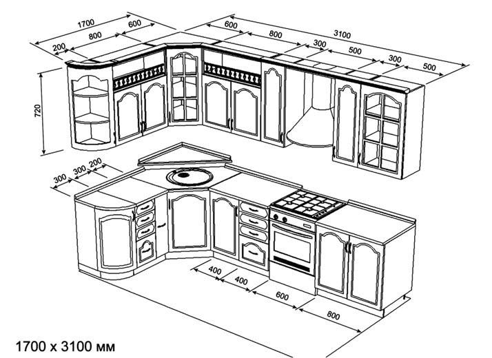 Эскиз кухни с размерами: угловая кухня, чертеж кухни своими руками, интерьер в картинках