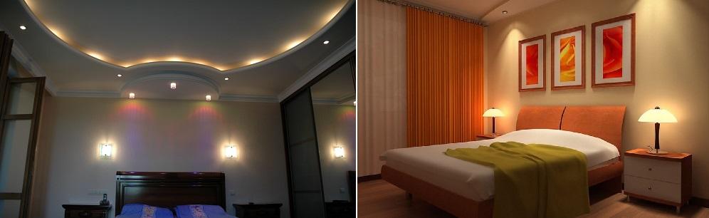 Свет в маленькой спальне может быть не только верхним, но и точечным, а также целесообразно предусмотреть ночную подсветку на прикроватной тумбочке