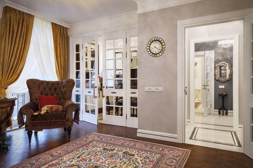 Белый — универсальный цвет, который превосходно впишется почти в любой стиль интерьера, поэтому белые двери в гостиной будут смотреться всегда уместно