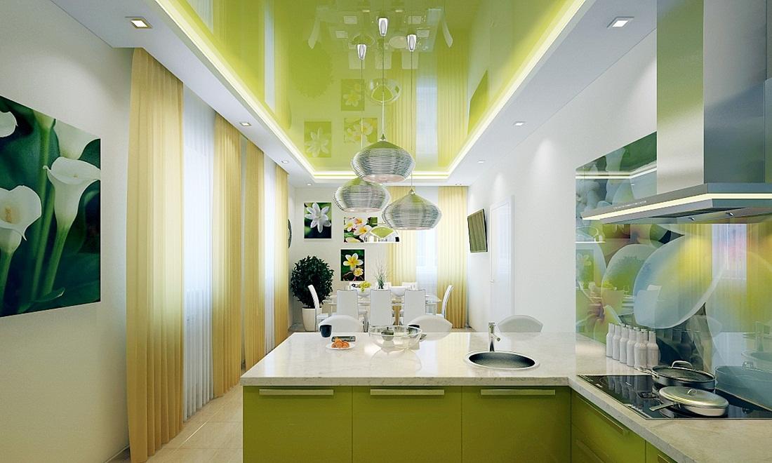 Желтые стены в сочетании с зеленым потолком придадут кухне свежести и оригинальности 