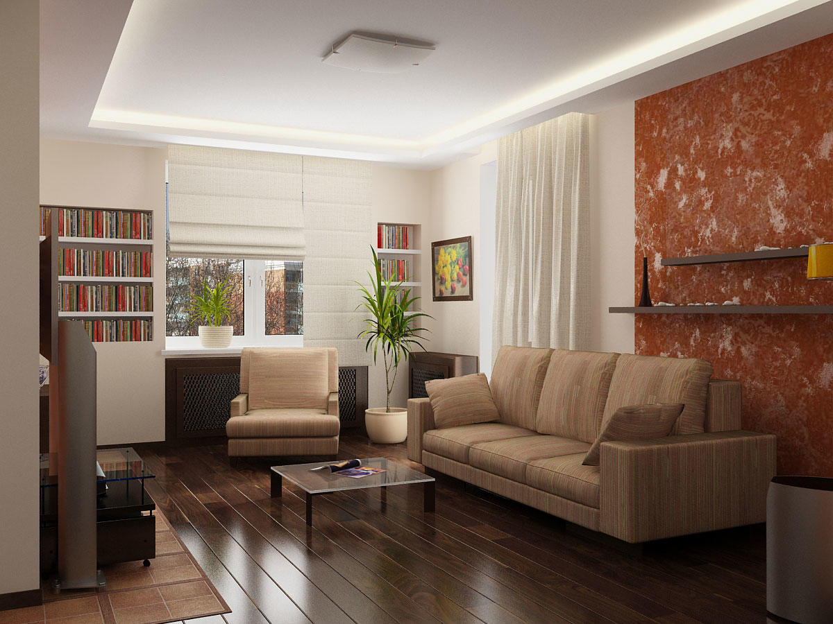 Придать гостиной уюта можно с помощью неоновой подсветки, расположенной по периметру гипсокартонного потолка 