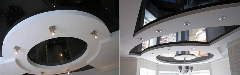 Современный потолок в стиле хай-тек имеет четкие геометрические формы, созданные с помощью гипсокартонных панелей