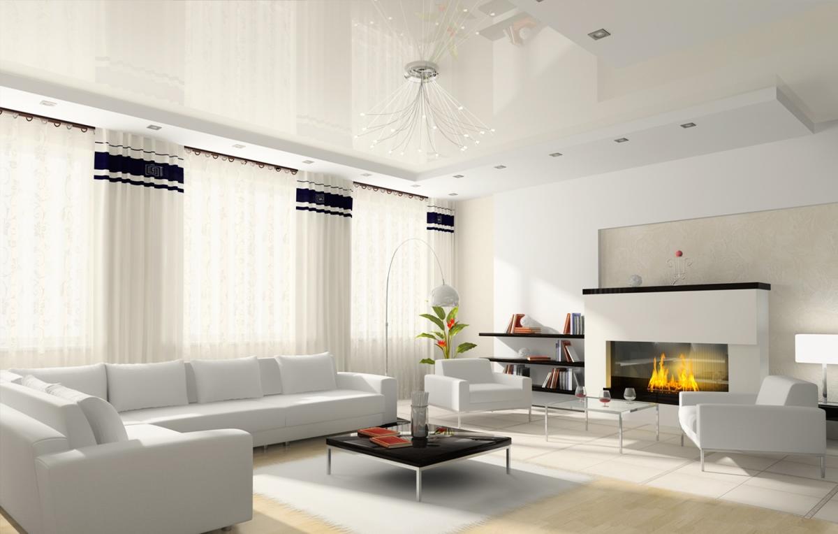 Для гостиной комнаты в стиле модерн прекрасно подойдет натяжной потолок в жемчужно-серых тонах