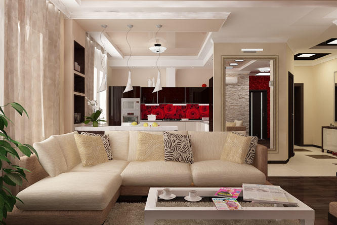 В гостиной-студии отлично смотрится диван, расположенный по центру