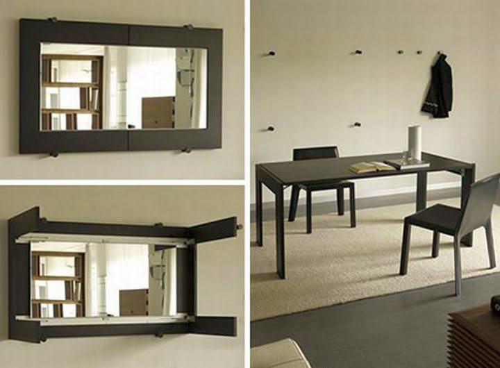 Обеденный стол может занимать место на маленькой кухне в виде зеркала, расширяющего пространство