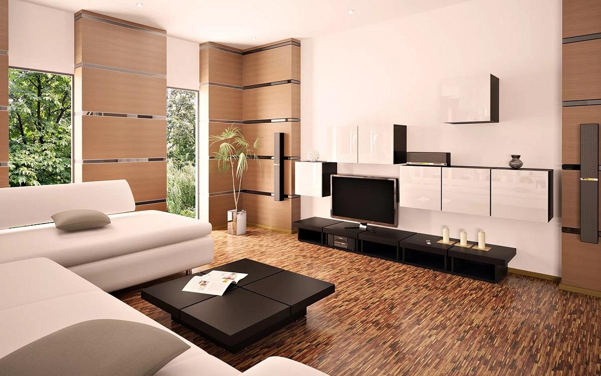 В гостиной, сделанной в стиле модерн, следует использовать только самые необходимые предметы мебели 