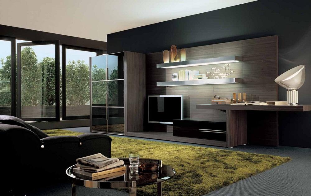 Отличным дизайнерским решением является расположение ковра в виде травы в гостиной, исполненной в стиле модерн 