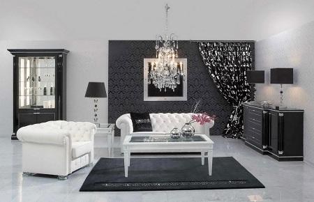Гостиная, выполненная в черно-белых тонах, смотрится элегантно и стильно 