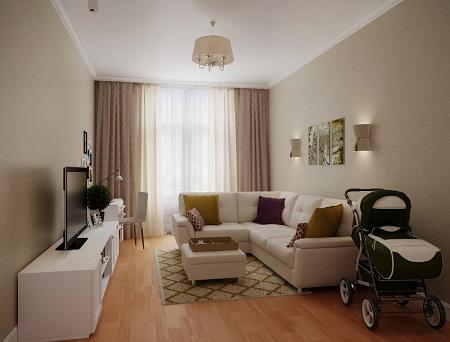 Для гостиной площадью в 20 кв. м лучше покупать раскладной диван и модульную мебель, чтобы сэкономить пространство 
