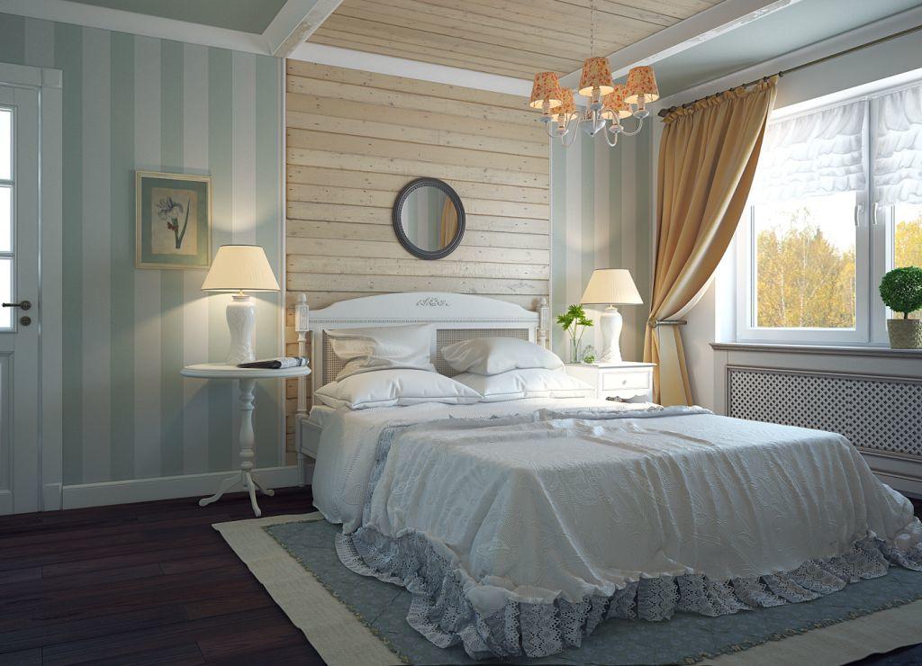 Оформить спальню в стиле прованс помогут пастельные тона в сочетании с натуральной отделкой стен