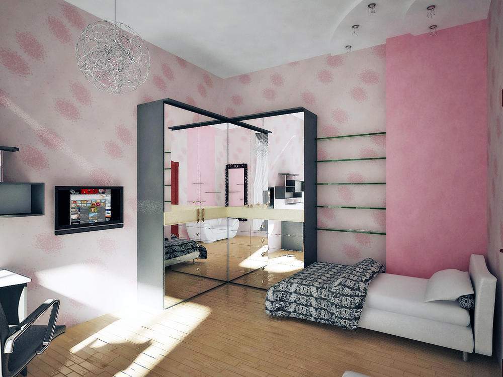 Для маленькой спальной комнаты идеальным вариантом будет шкаф с зеркалом, который визуально расширит комнату