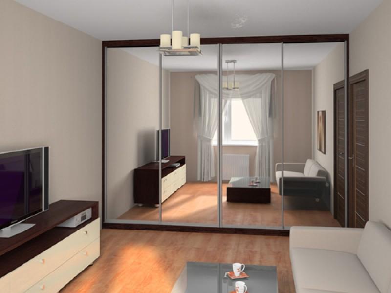 Для того чтобы визуально расширить пространство в комнате, можно подобрать красивый шкаф-купе с зеркальными дверцами