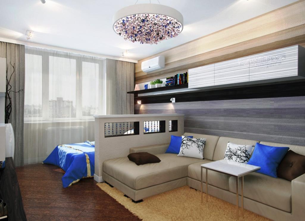 Для того чтобы разграничить пространство в гостиной-спальне, можно использовать красивую гипсокартонную перегородку