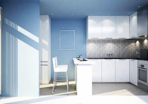 Мягкий голубой оттенок идеально подойдет для кухни в стиле модерн