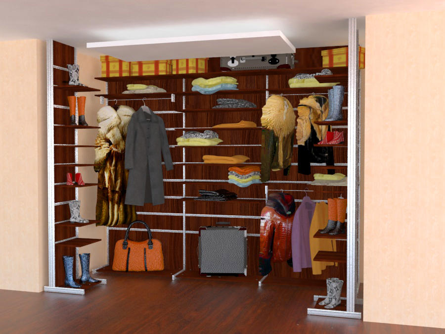 Обязательными элементами гардеробной являются специальные полочки для одежды, ящики и вешалки