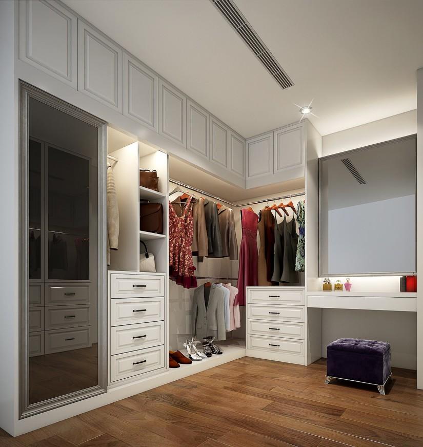 Сделать гардеробную можно самостоятельно, главное — правильно подобрать мебель и освещение