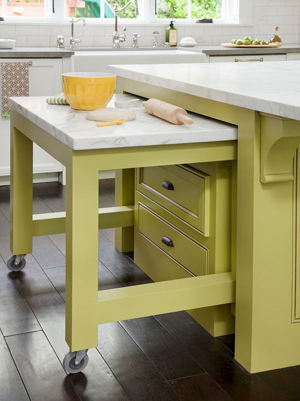 Выдвижные столы на кухне: очаровательный интерьер в салатовом цвете