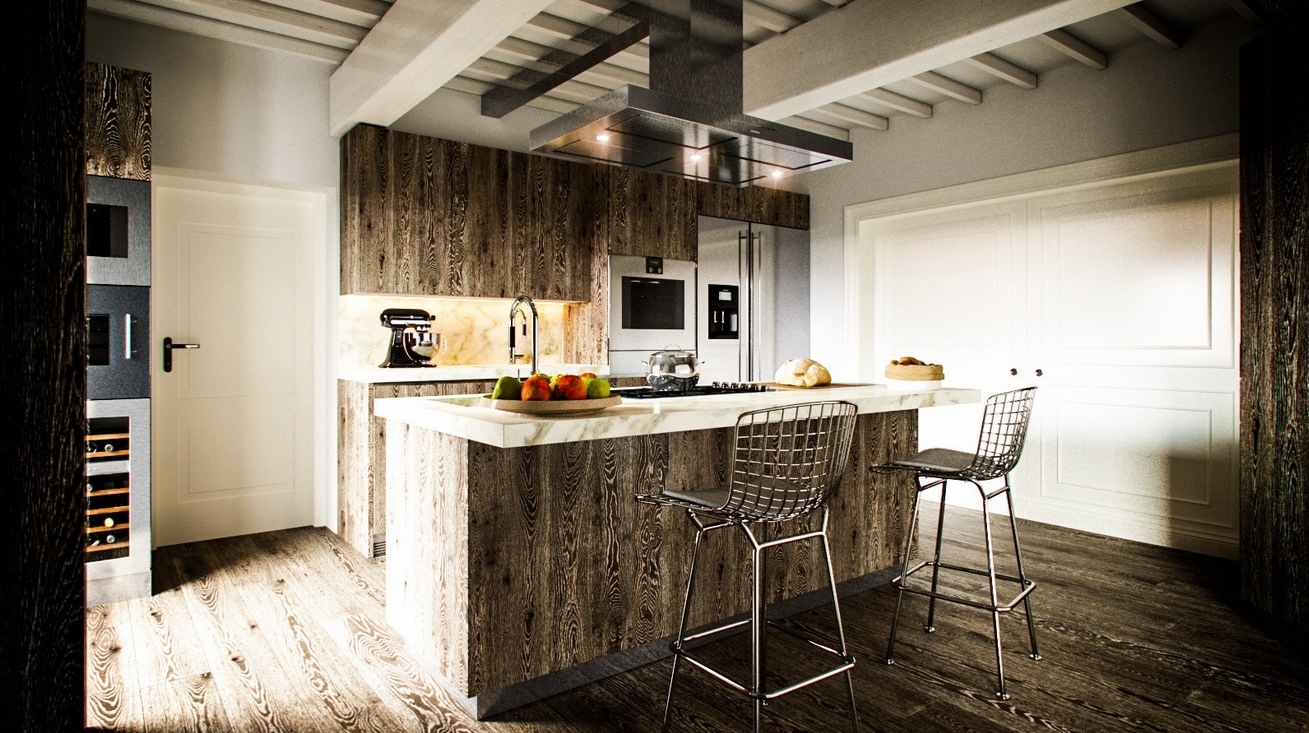 Деревянные покрытия в интерьере кухни в стиле рустик