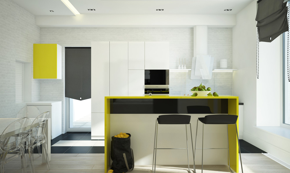 Ярко-жёлтый дизайн кухонного острова в интерьере функциональной кухни