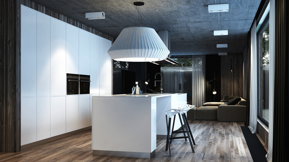 Серый бетонный потолок в интерьере функциональной кухни