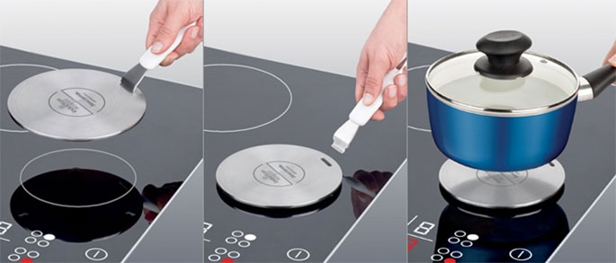Посуда для готовки на индукционной плите должна быть диаметром больше 12 см, иначе придется использовать специальный диск