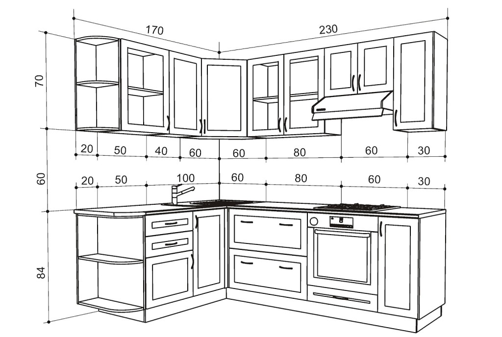Чертёж углового гарнитура с размерами