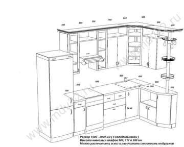 Эскиз кухни для 3-комнатной квартиры 121серии. Размер 150 -230см + холодильник. (2010 год)