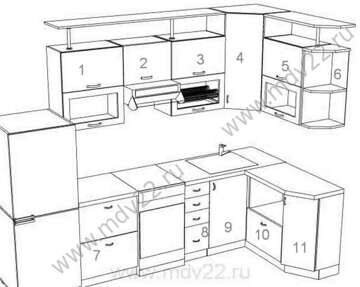Эскиз кухни для 3-комнатной квартиры 121 серии. Размер 2900 мм - 1500 мм. (2010 г.)
