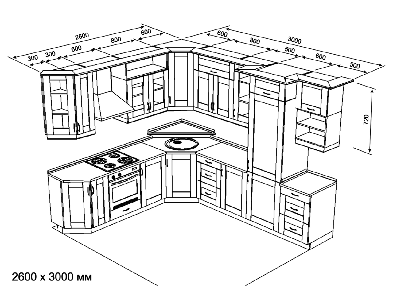 Чертеж кухни с угловой мойкой.